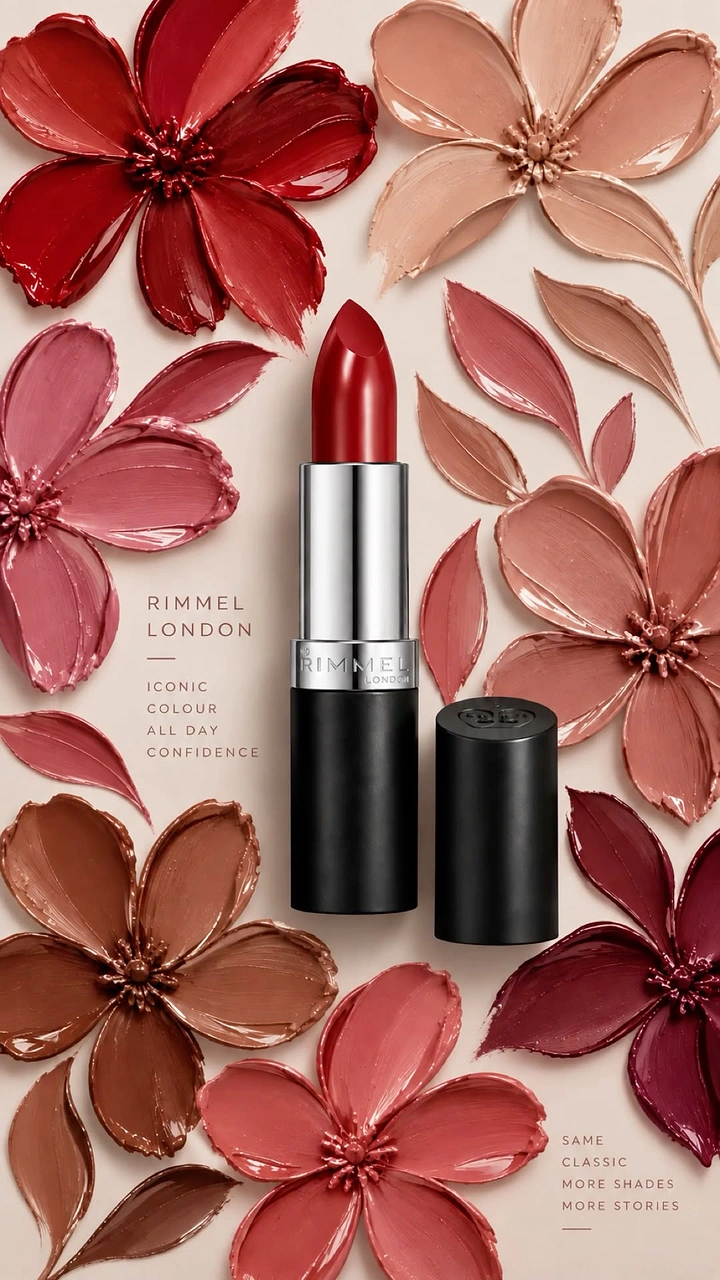 Creative ad: Open red lipstick surrounded by flowers made of lipstick smears