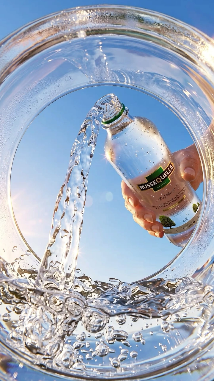 Packaged Drinking Water creative ad: Bottle inside circular splash framing