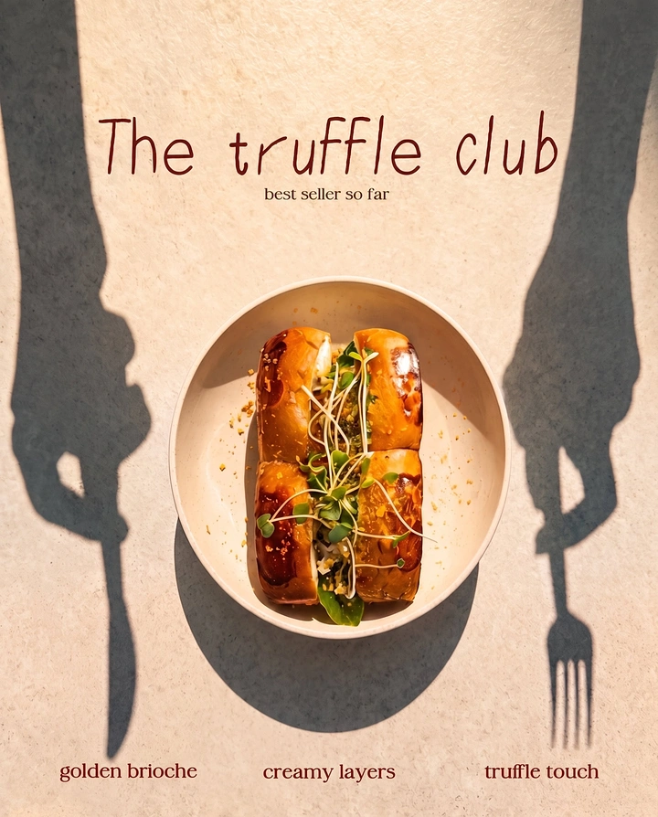 Creative ad: Top-down bowl of truffle brioche sandwich flanked by hand shadows holding knife and fork