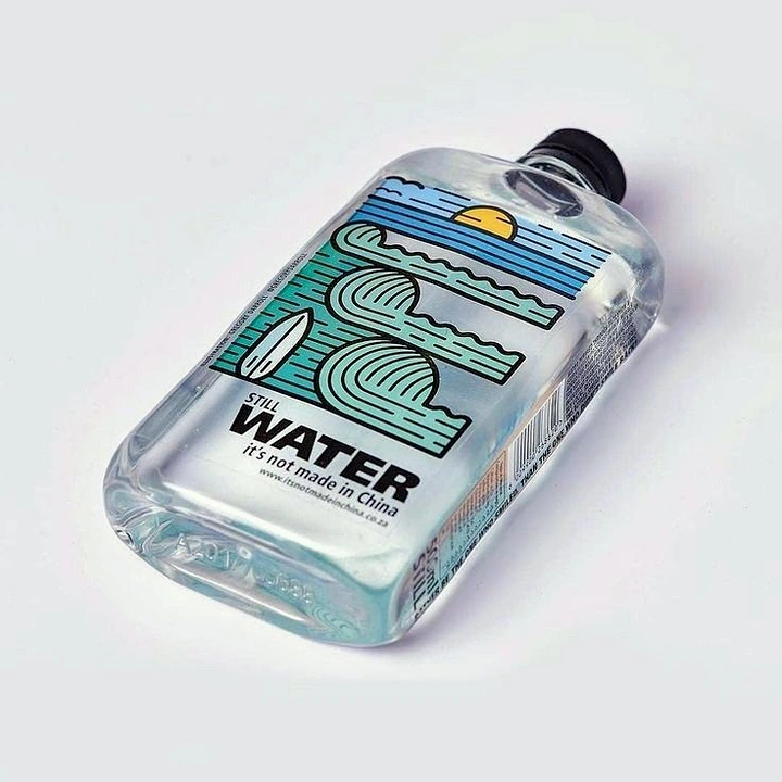 Packaged Drinking Water creative ad: Rotated bottle pairs product with playful illustration