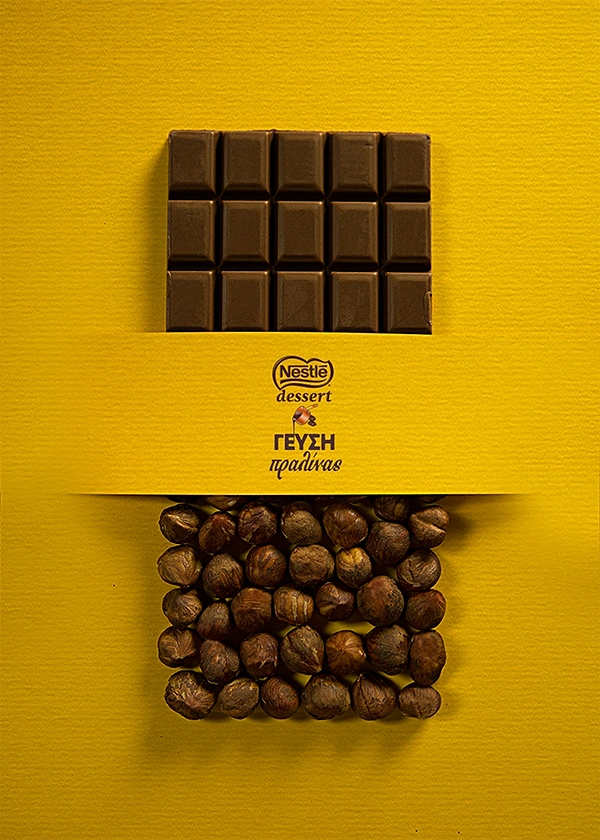 Creative ad: Chocolate bar that turns into a grid of hazelnuts under a paper band