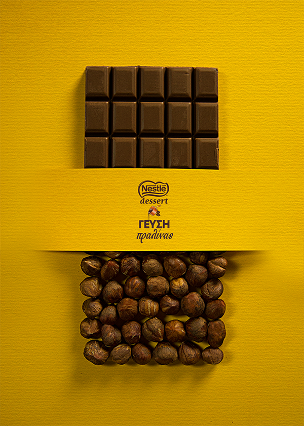 Poster: Chocolate bar that turns into a grid of hazelnuts under a paper band