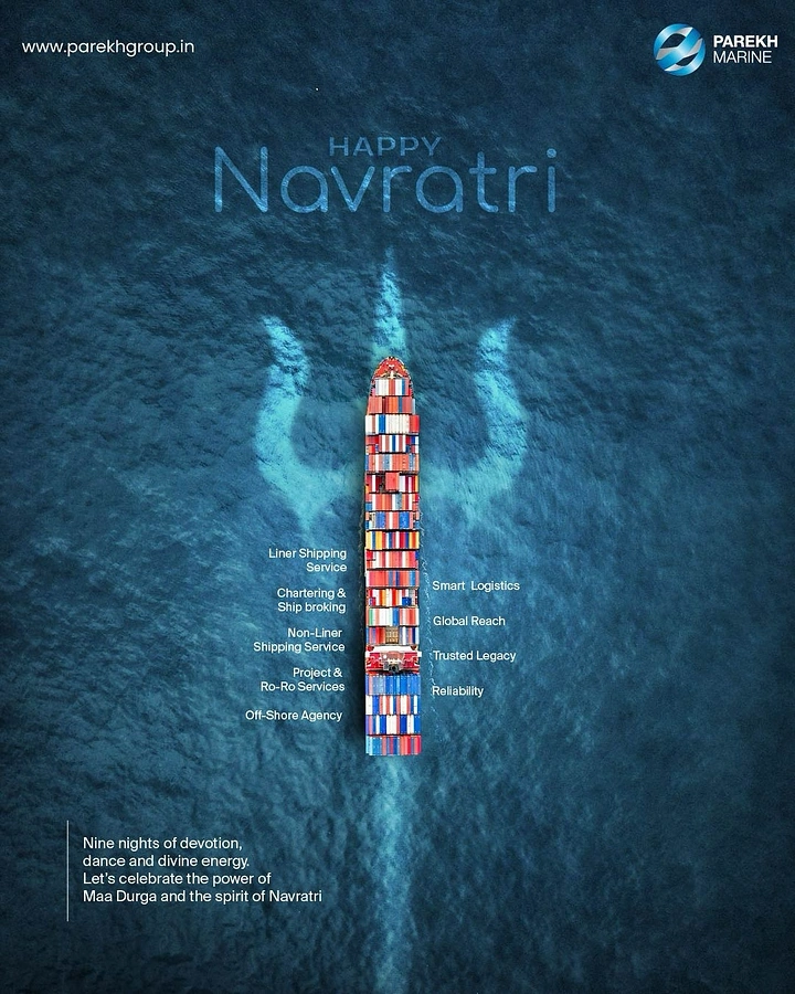 Navratri creative ad: Aerial container ship whose wake forms a trishul