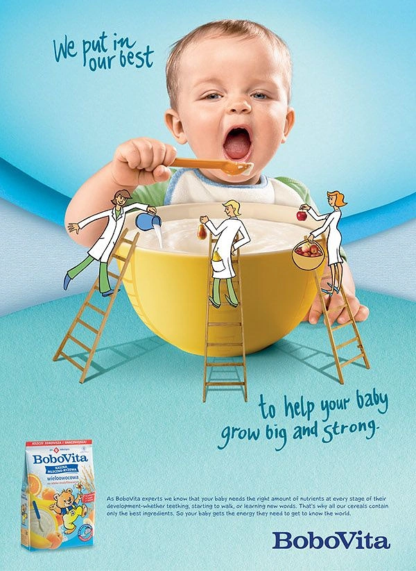 Baby Care Products creative ad: Baby eating from giant bowl tended by tiny illustrated experts on ladders