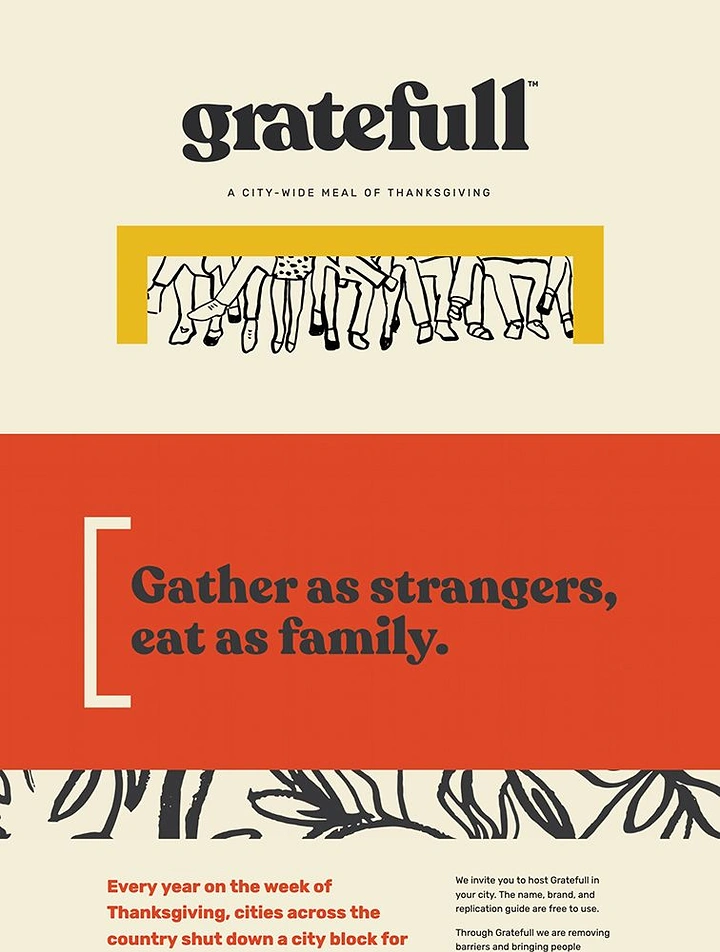 Thanksgiving creative ad: Line drawing of many people's legs seated beneath a long table