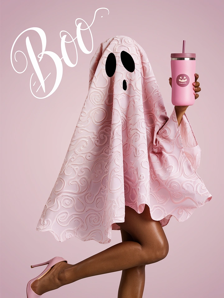 Halloween creative ad: Figure in an embossed pink ghost sheet holding a pink tumbler