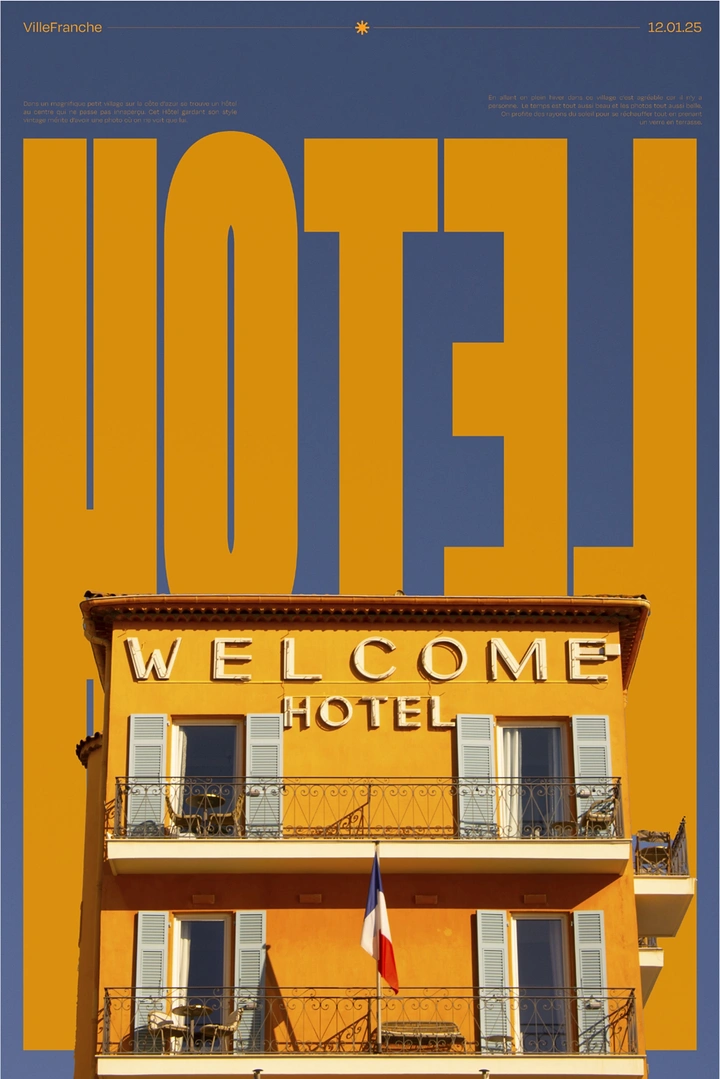 Creative ad: Ochre hotel facade rising into giant HOTEL letters