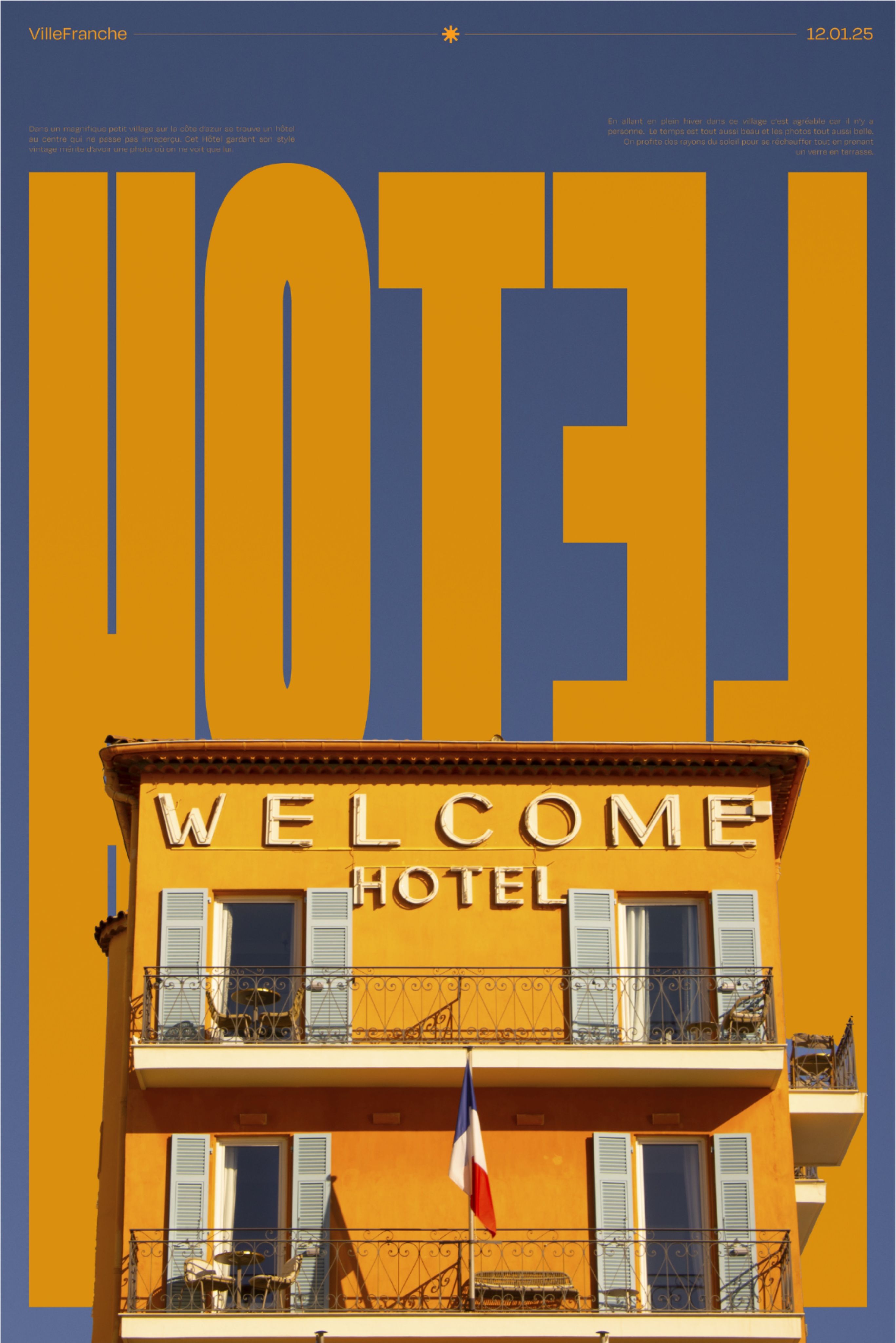 Poster: Ochre hotel facade rising into giant HOTEL letters
