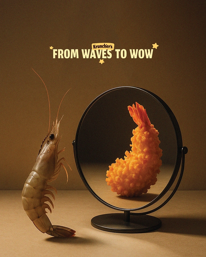 Fast Food creative ad: Raw prawn looking into a mirror and seeing a crispy fried prawn