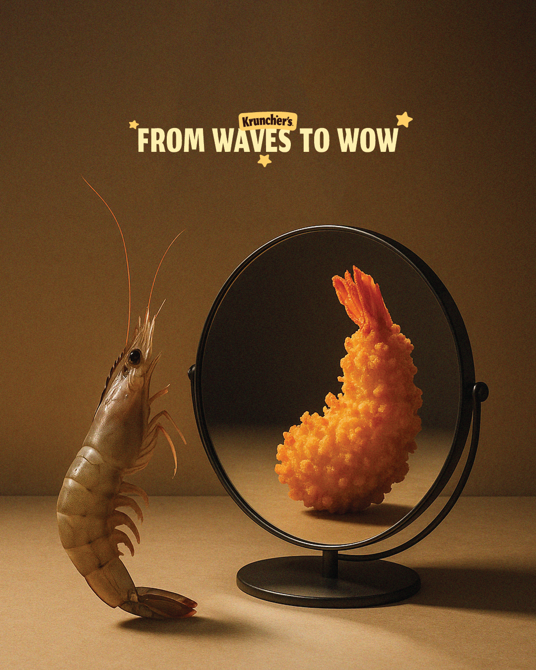 Raw prawn looking into a mirror and seeing a crispy fried prawn