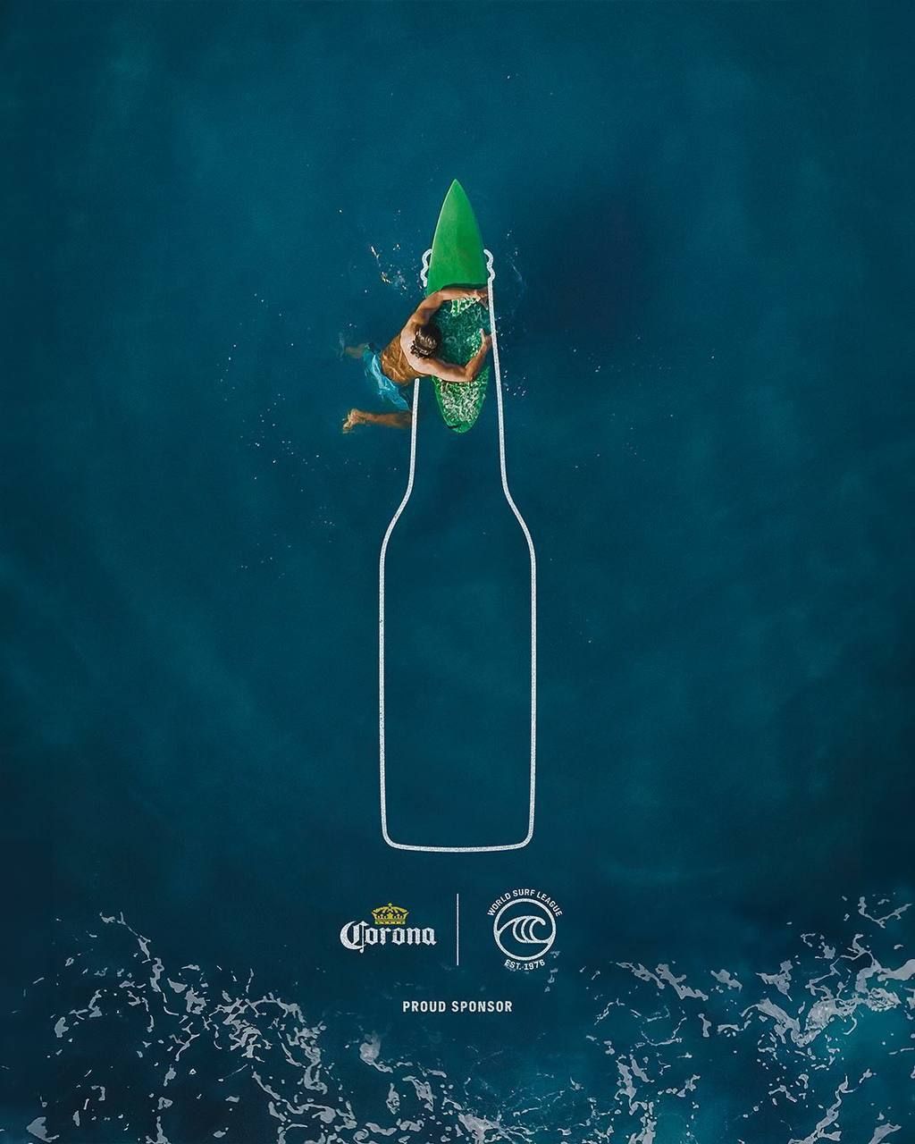 Instagram post: Top-down view of a surfer on a green board, forming the neck of a drawn beer bottle