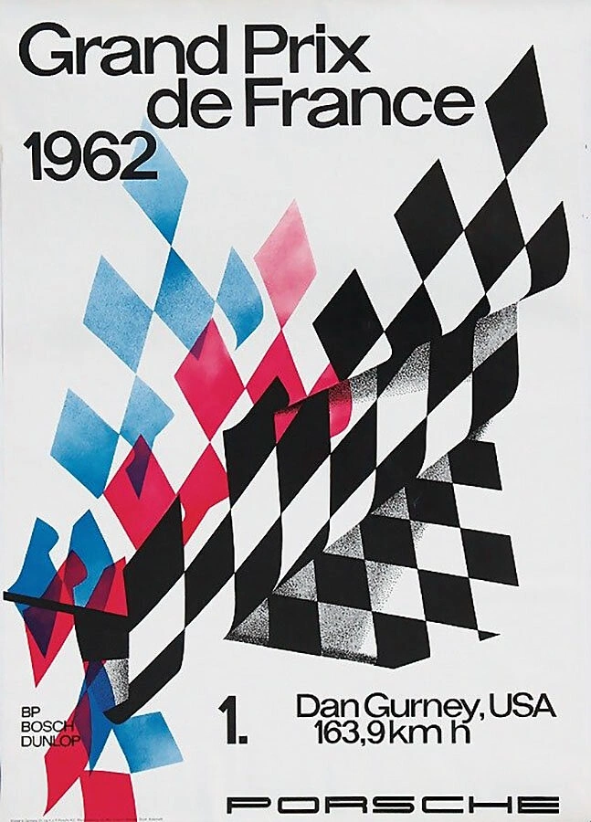 Automotive creative ad: Waving checkered flag trailed by blue and red flag fragments