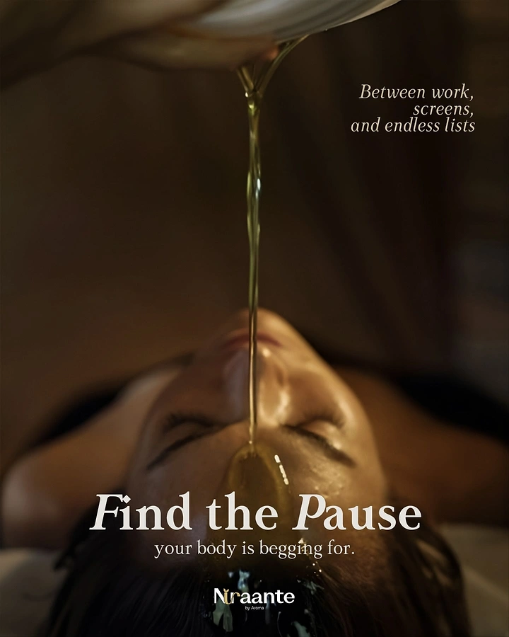 Beauty & Salon creative ad: Warm oil poured onto a reclining woman's forehead in Ayurvedic shirodhara treatment