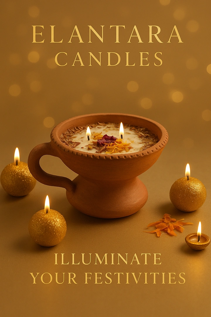 Diwali creative ad: Terracotta bowl candle surrounded by gold festive candles