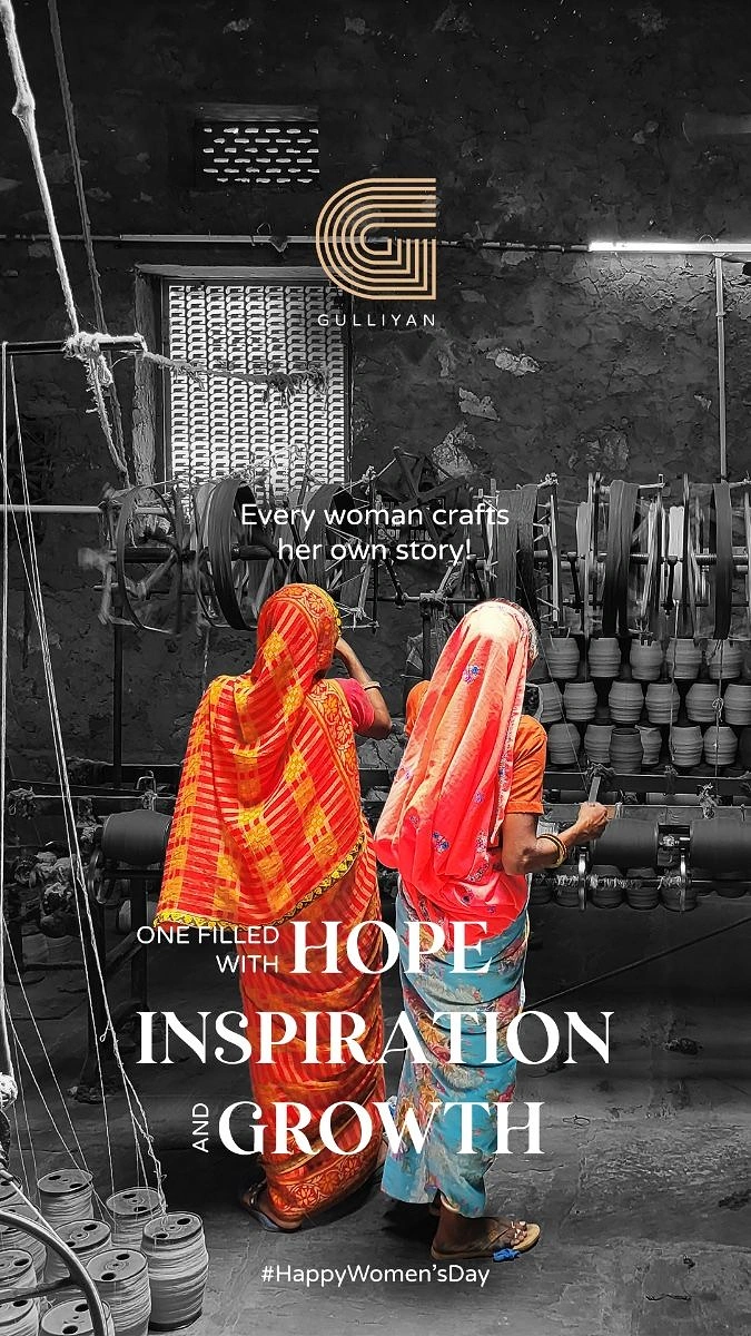 Women's Day creative ad: Two women in bright sarees at a spinning mill