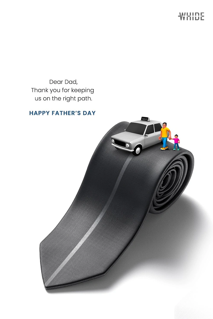 Father's Day creative ad: Rolled grey necktie turned into a road with a miniature taxi, dad and child