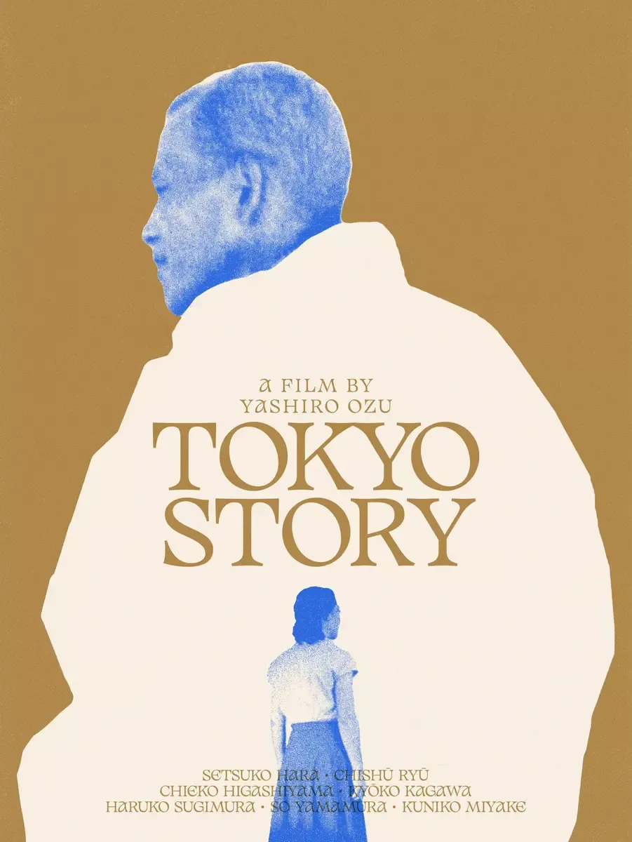 Poster: Cream torn-paper silhouette of an elderly man with a small woman figure inside