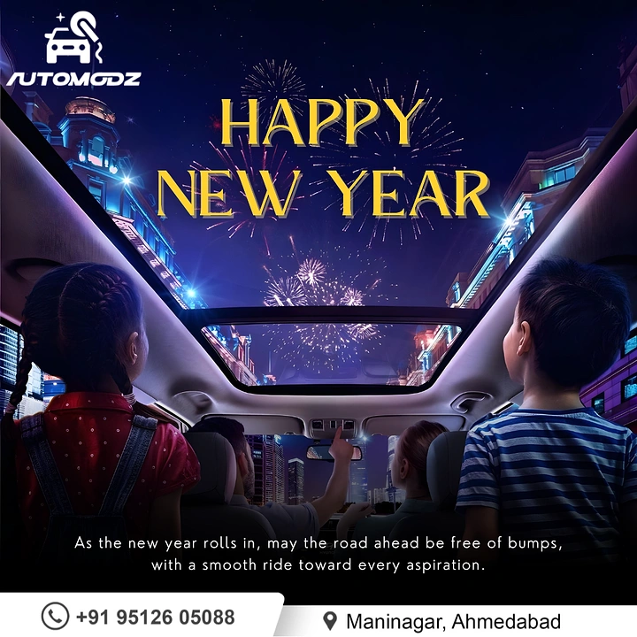 New Year creative ad: Children inside a car looking up through a panoramic sunroof at fireworks over a city