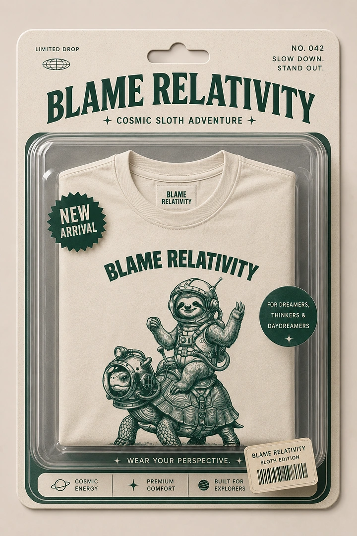 Fashion creative ad: Folded cream tee in a retro toy blister pack with an astronaut sloth print