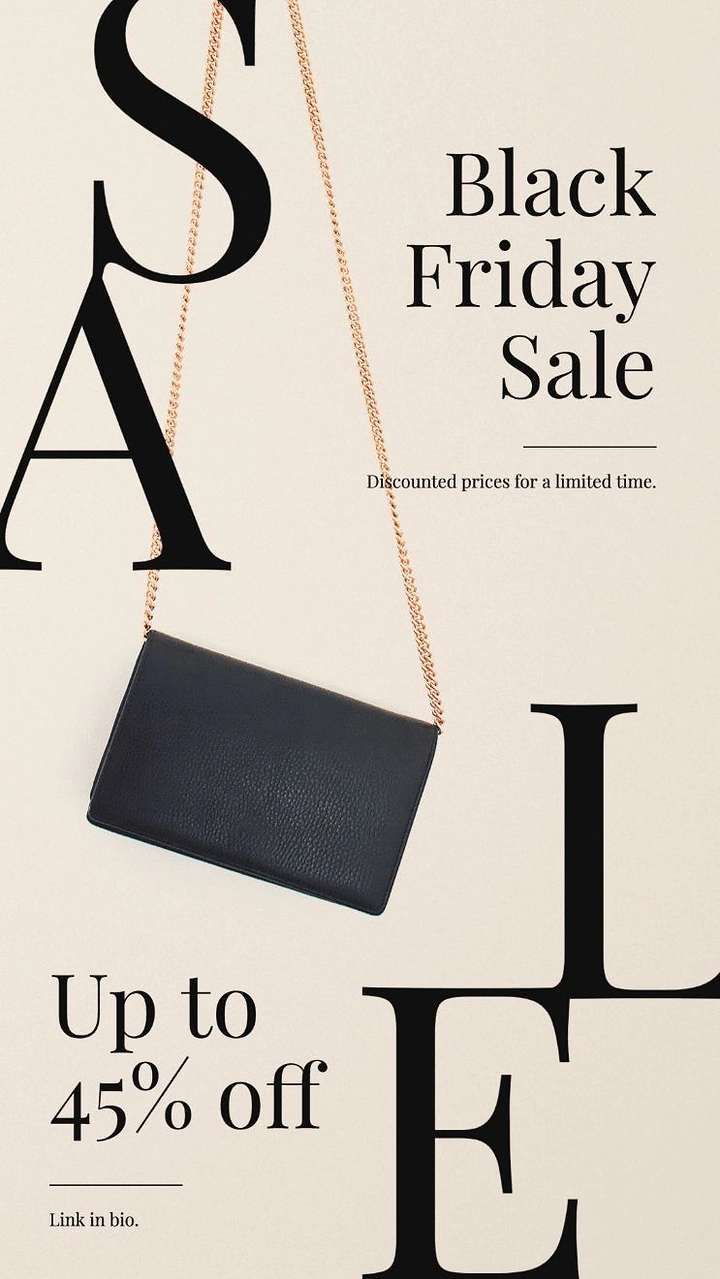 Black Friday creative ad: Black leather clutch hanging on a gold chain
