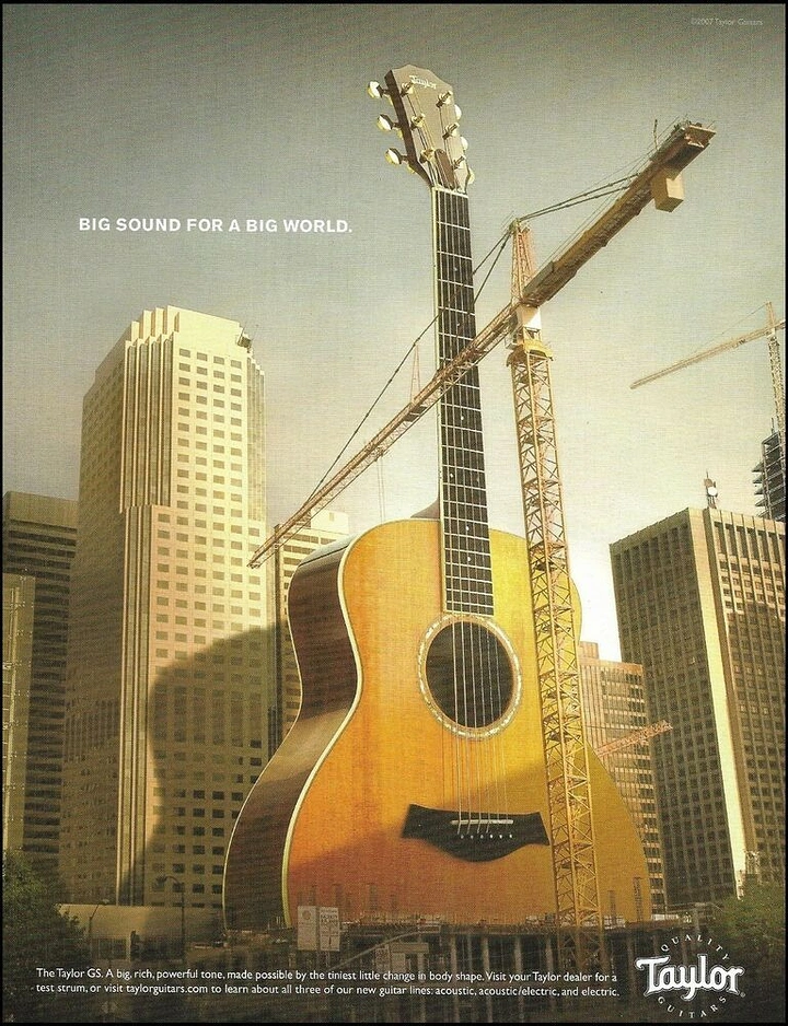 Musical Instrument Stores creative ad: Giant acoustic guitar rising among skyscrapers like a building under construction