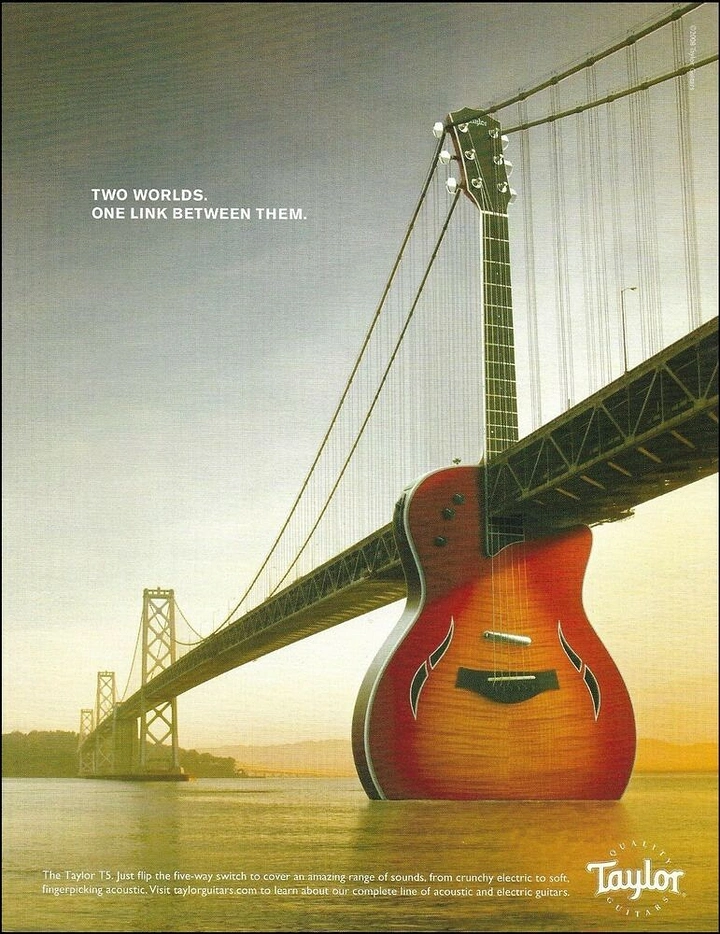 Musical Instrument Stores creative ad: Giant sunburst guitar standing in the bay as a suspension bridge tower