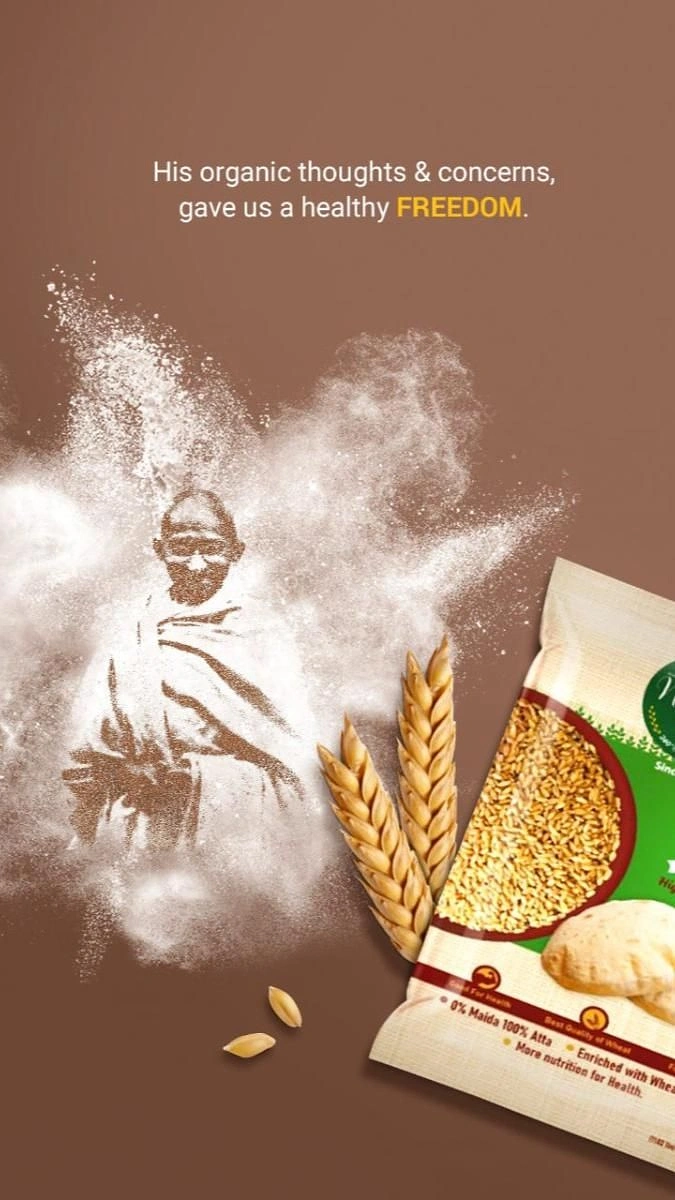 Gandhi Jayanti creative ad: Gandhi formed from flour dust, organic pun