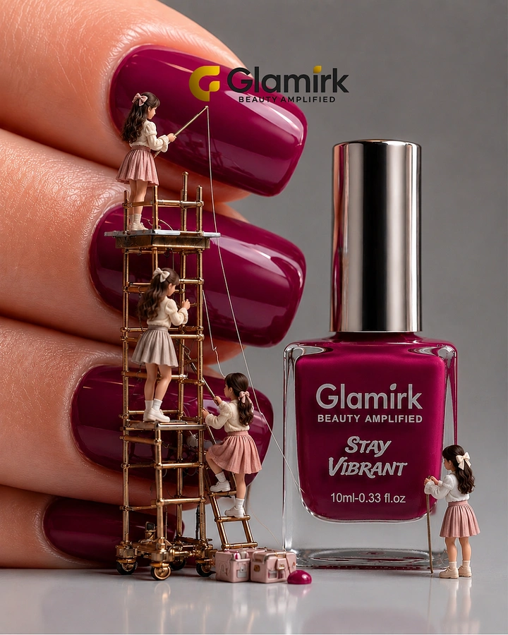 Beauty & Salon creative ad: Magenta nail-polish bottle beside oversized manicured fingers and miniature beauty workers