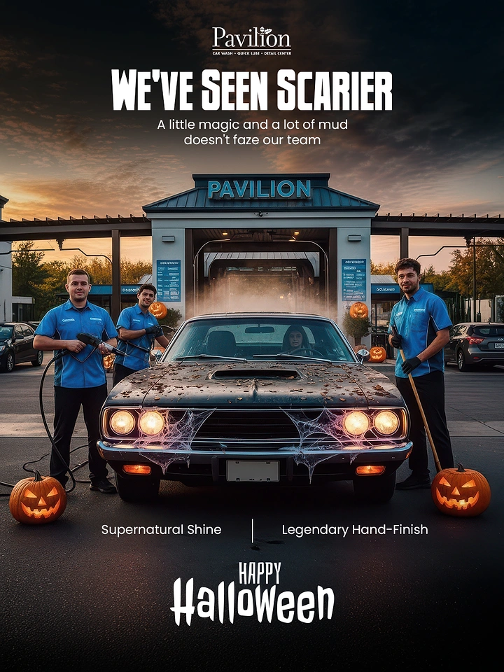 Car Wash & Detailing creative ad: 'We've seen scarier' muddy cobweb car Halloween pun