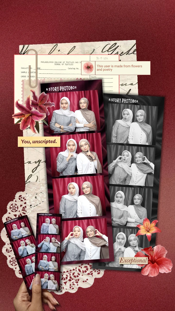 Photo Booth Rentals creative ad: Photo-booth strips of two hijab-wearing friends in a scrapbook collage