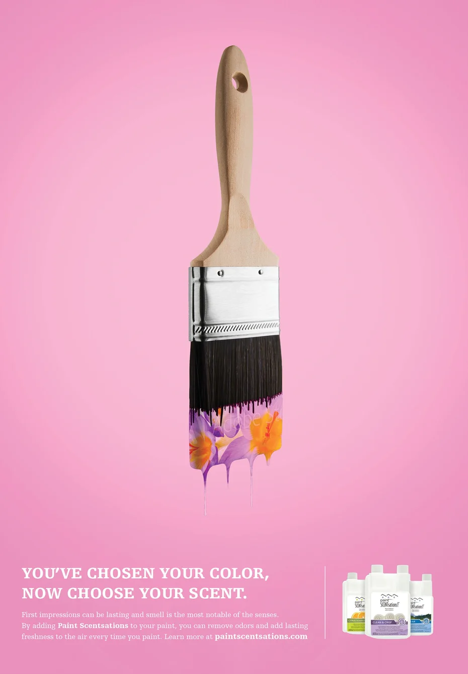 Poster: Paintbrush whose dripping bristles turn into orange and purple flowers