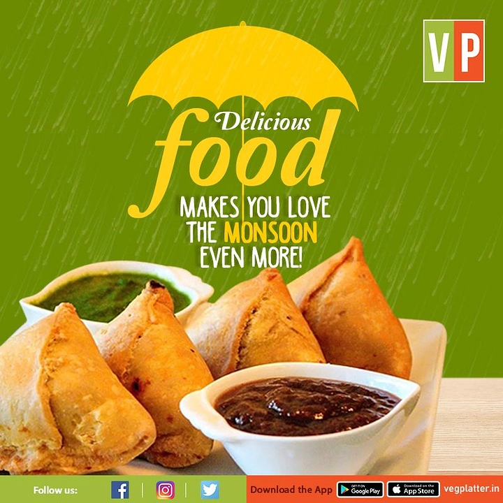 Cloud Kitchens & Food Trucks creative ad: Monsoon umbrella over samosas, typographic