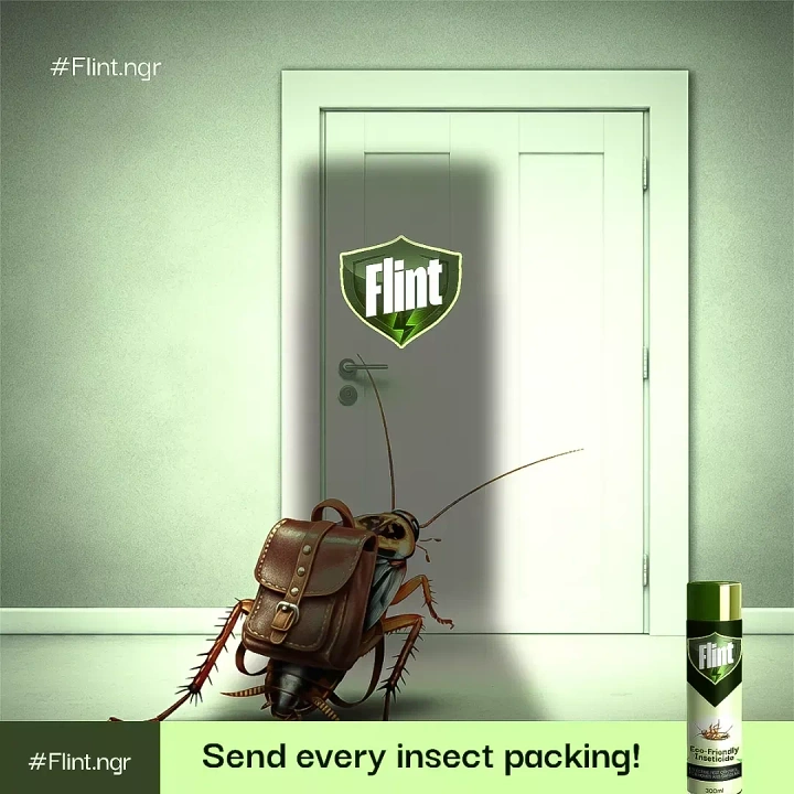 Pest Control creative ad: Cockroach wearing a leather backpack walking out a door