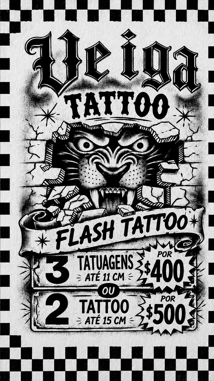 Tattoo Studios creative ad: Old-school flash sheet styled pricing poster