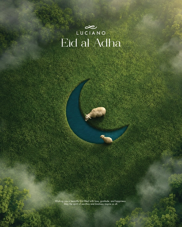 Eid Al Adha creative ad: Crescent carved into grassy field with sheep