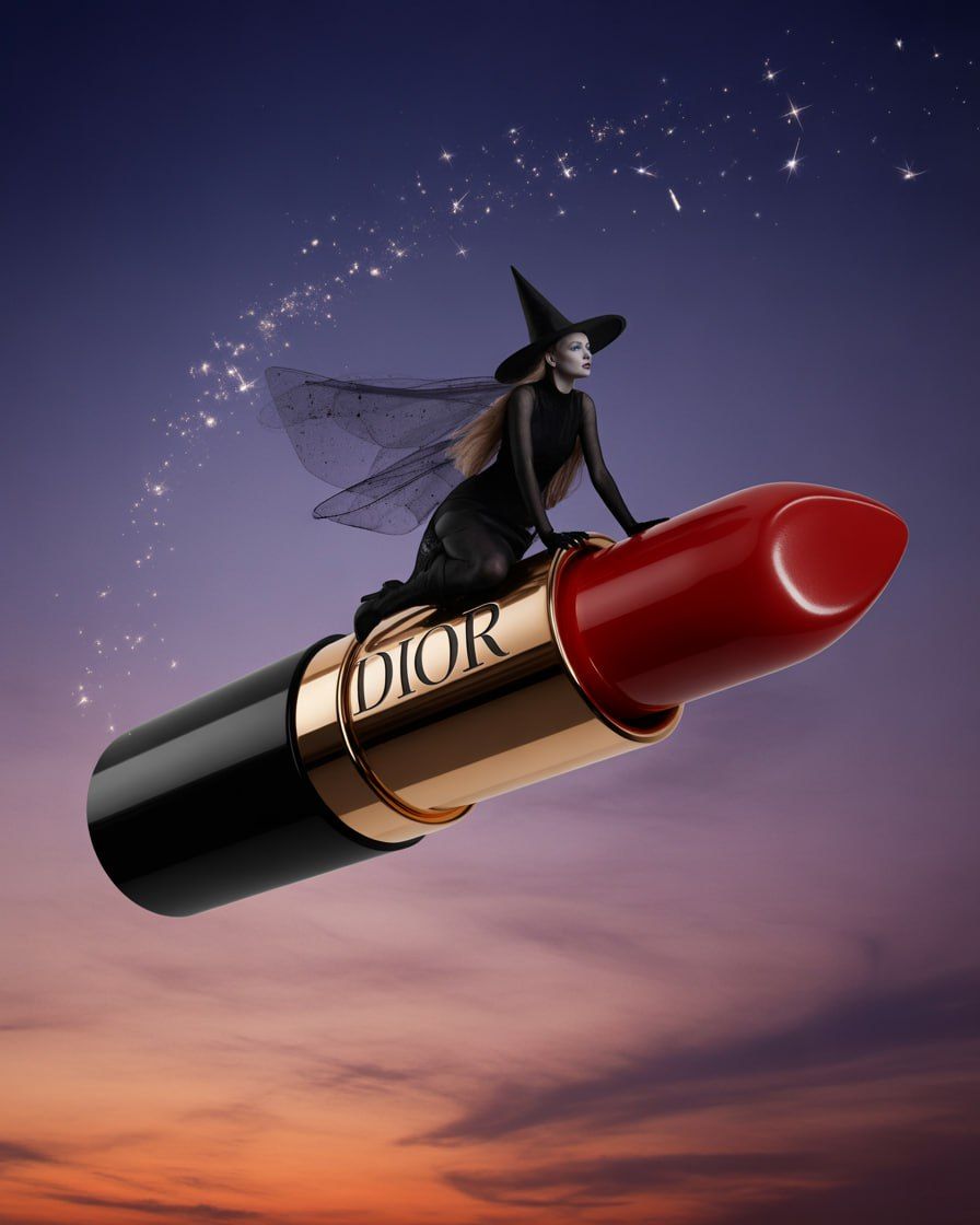 Witch riding a giant red lipstick like a broomstick through the sky