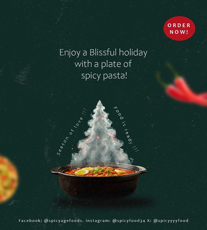 Christmas creative ad: Steaming bowl of spicy noodles with the steam shaped like a Christmas tree