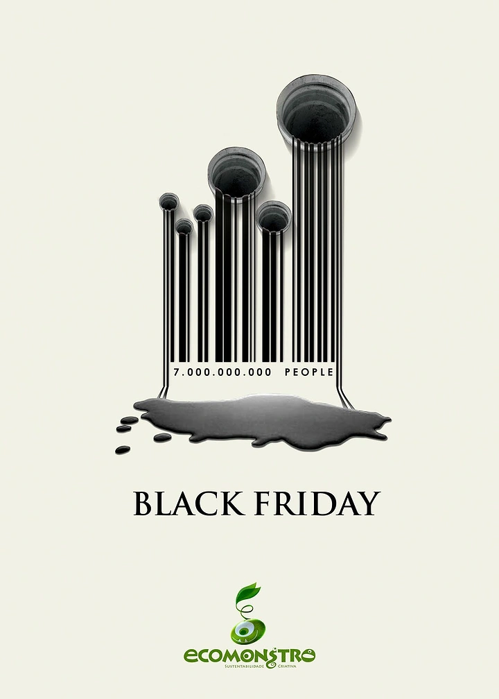 Black Friday creative ad: Barcode made of oil pipes leaking into a black oil puddle