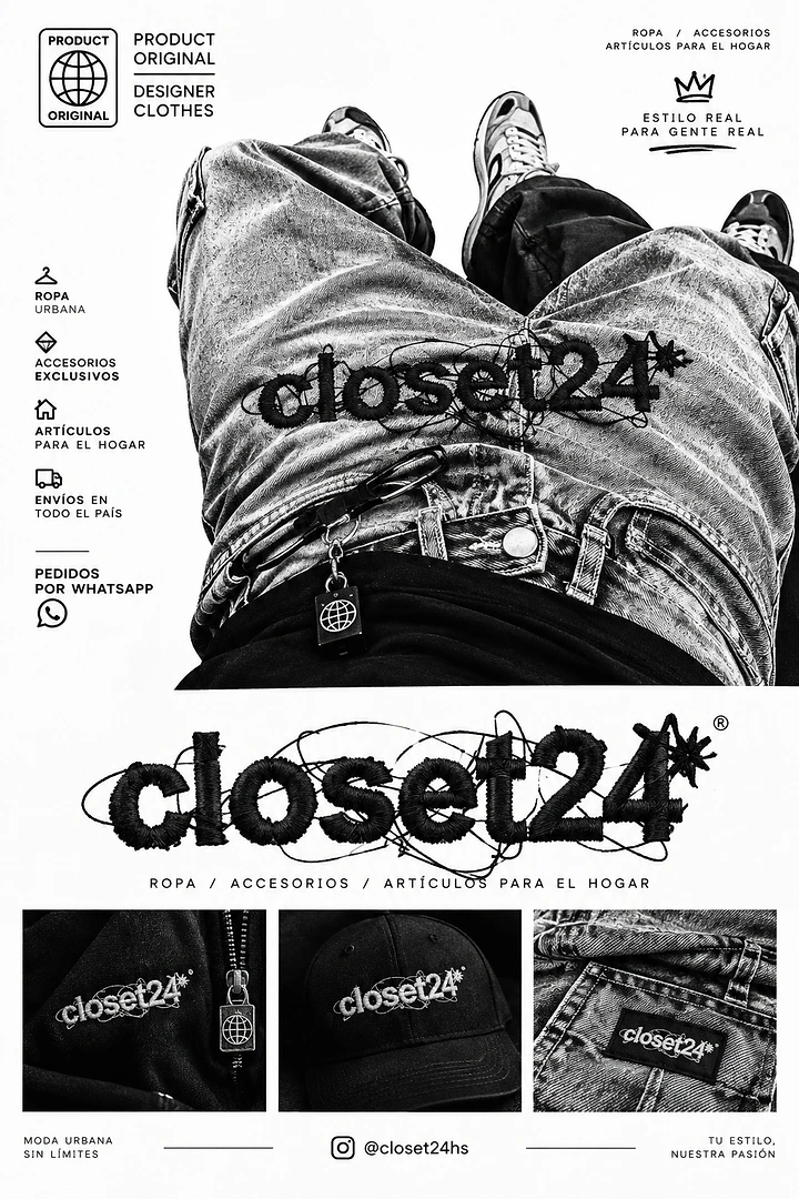 Creative ad: Top-down black-and-white shot of baggy acid-wash jeans with an embroidered logo