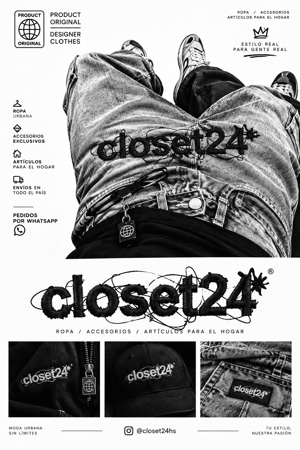 Poster: Top-down black-and-white shot of baggy acid-wash jeans with an embroidered logo