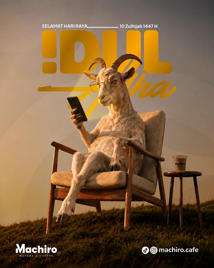 Eid Al Adha creative ad: Relaxed goat lounging with phone, cafe