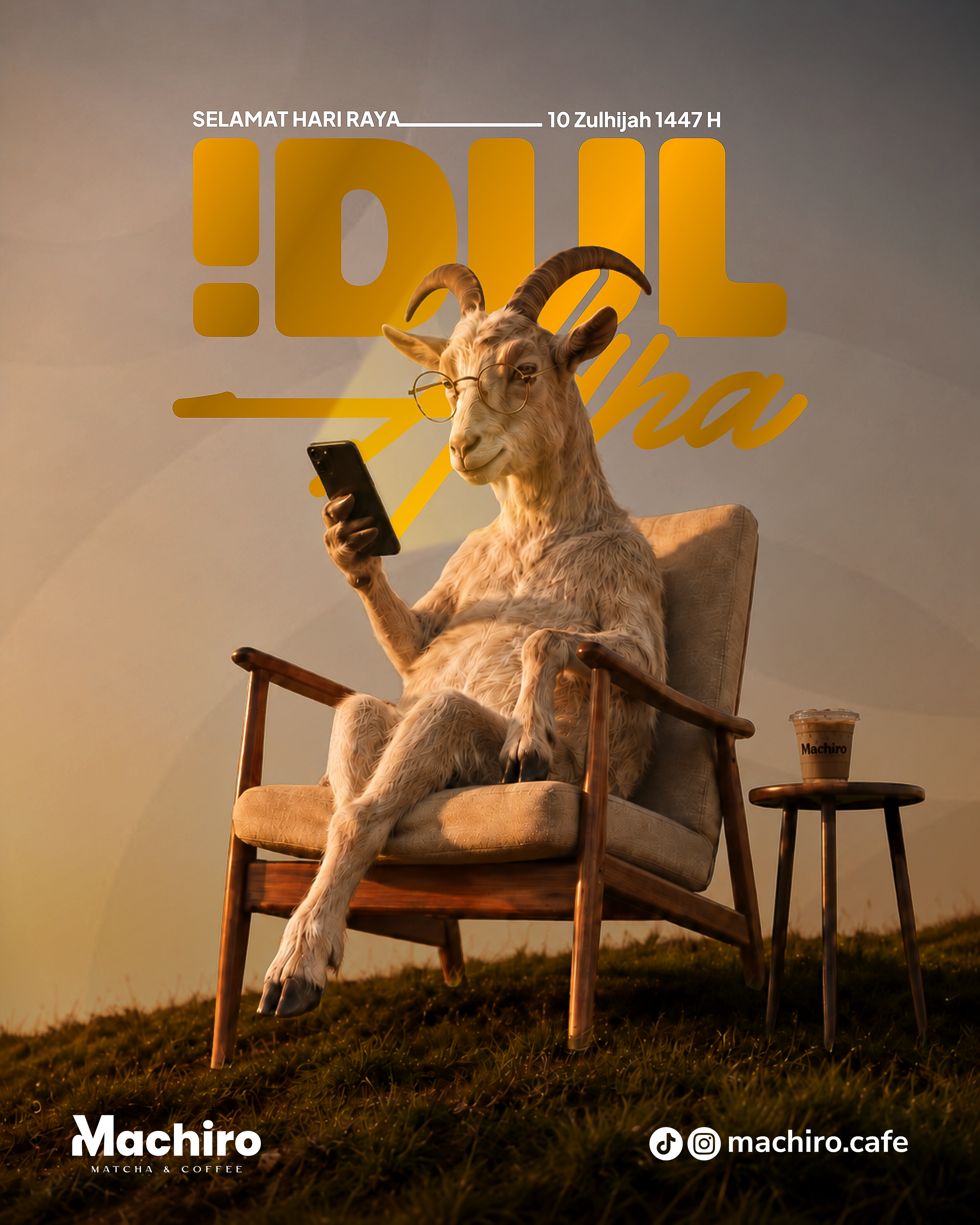 Goat in glasses lounging in an armchair scrolling a phone
