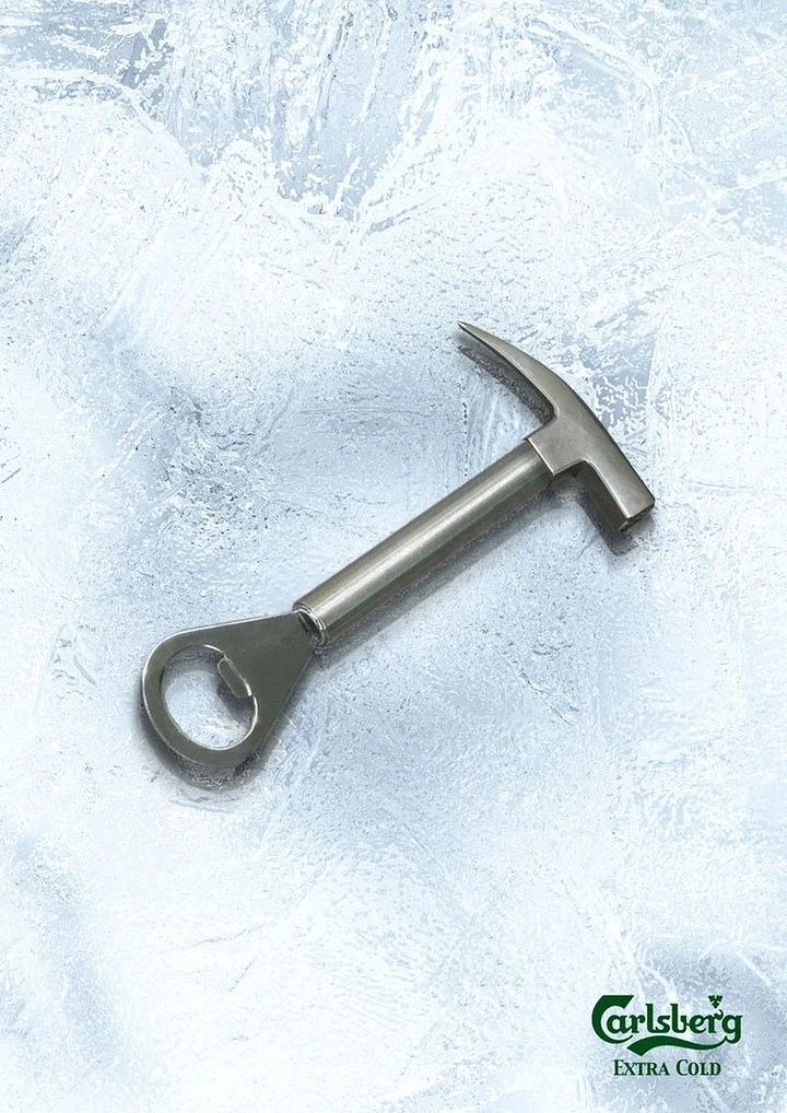 Beer, Wine & Spirits creative ad: Bottle opener fused with an ice-axe head on ice