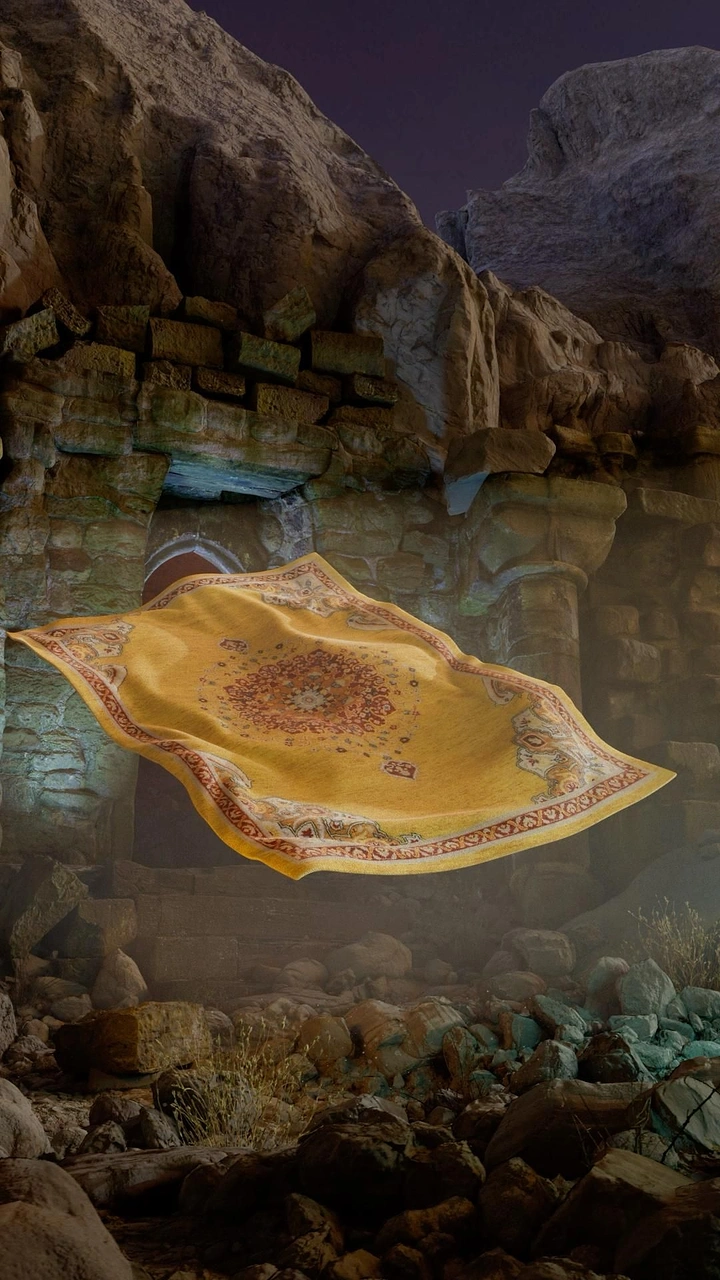 Rugs & Carpets creative ad: Floating rug transforms cave landscape