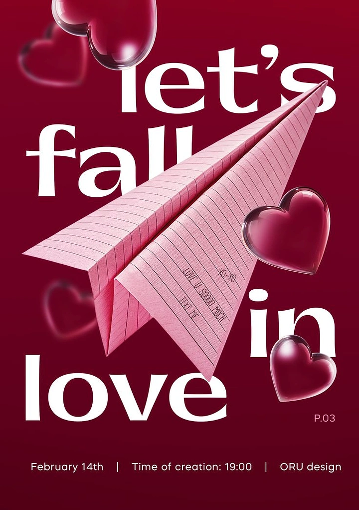 Valentine's Day creative ad: Pink lined-paper airplane with glossy glass hearts