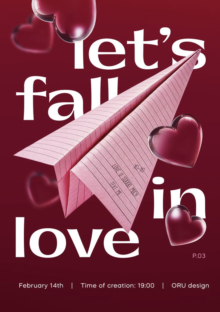 Valentine's Day Poster: Pink lined-paper airplane with glossy glass hearts