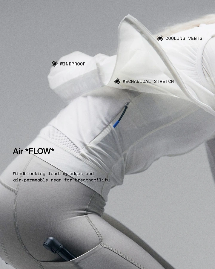 Outdoor & Camping Gear creative ad: Close crop of an athlete in a white windbreaker and grey leggings