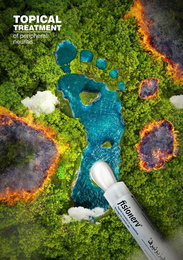 Healthcare creative ad: Aerial forest with a footprint-shaped lake, surrounded by burning patches