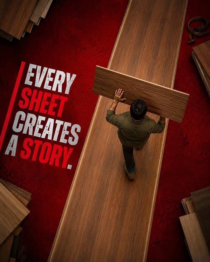 Carpenters & Woodwork creative ad: Man walking along giant plywood sheet path