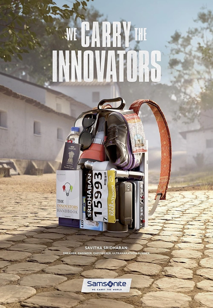 Creative ad: See-through backpack packed with the objects from an innovator's life